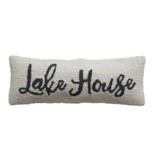 Creative Co-Op Wool and Cotton Lake House Embroidery, Cream Navy Lumbar -Pillow,